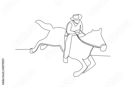 A cowboy riding a fast-running horse. Cowboy one-line drawing