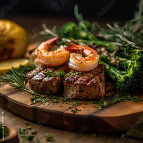Steak, shrimps and greens from a grill on a wooden board created by Generative AI technology
