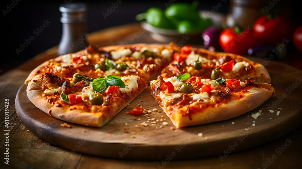 pizza with salami and tomatoes