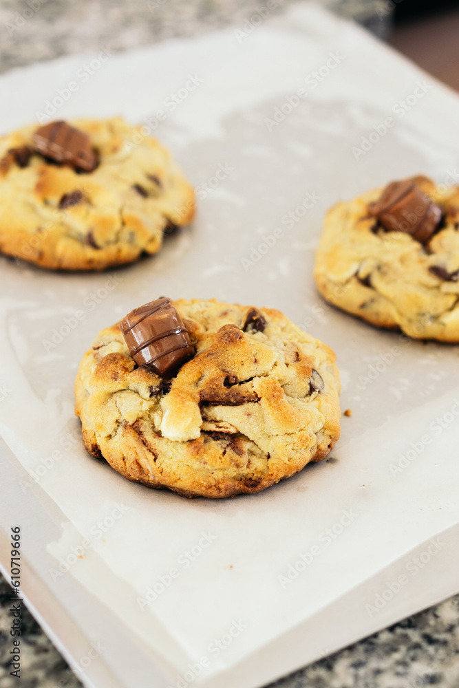 Stock image of three cookies with chocolate on top. Stock image of three cookies with chocolate on top.