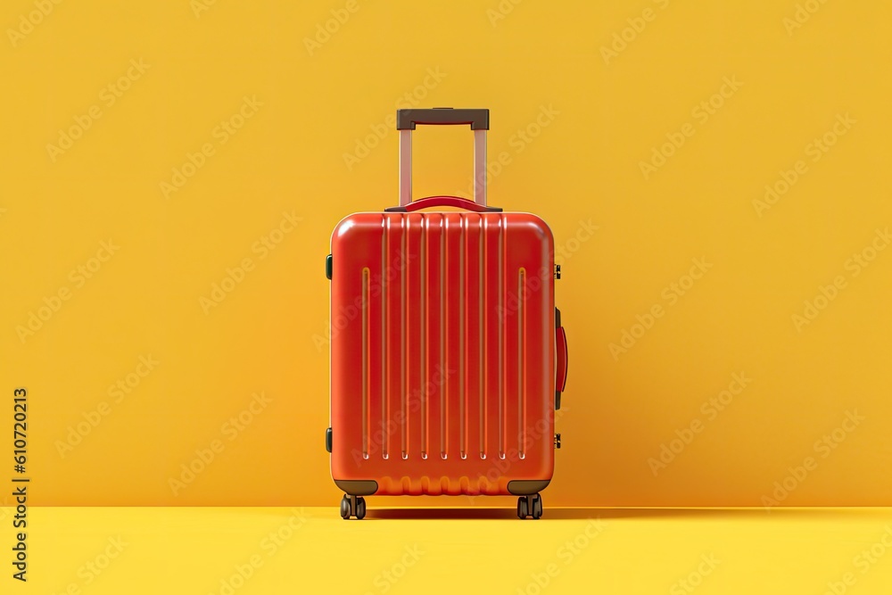 Red travel suitcase on a yellow background. Created with Generative AI tools Red travel suitcase on a yellow background. Created with Generative AI tools