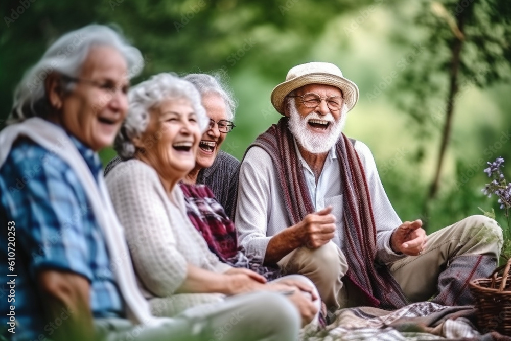 A group of elderly friends laughing and enjoying a picnic in the park, elderly happy people, old age, bokeh Generative AI