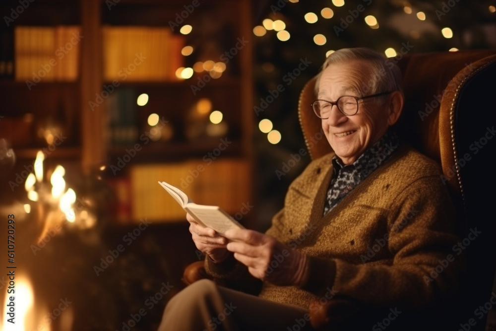 An older gentleman reading a book while sitting on a comfortable armchair by a cozy fireplace, elderly happy people, old age, bokeh Generative AI An older gentleman reading a book while sitting on a comfortable armchair by a cozy fireplace, elderly happy people, old age, bokeh Generative AI