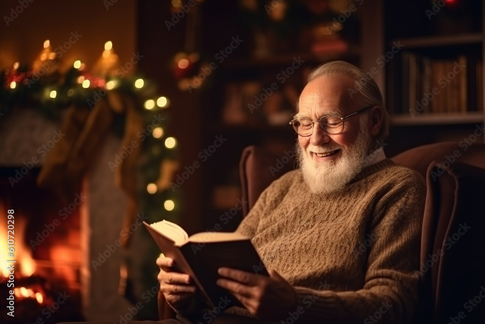 An older gentleman reading a book while sitting on a comfortable armchair by a cozy fireplace, elderly happy people, old age, bokeh Generative AI