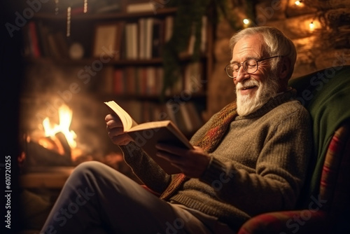 An older gentleman reading a book while sitting on a comfortable armchair by a cozy fireplace, elderly happy people, old age, bokeh Generative AI