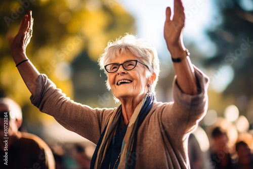 A joyful senior woman dancing with her arms in the air during a lively outdoor concert, elderly happy people, old age, bokeh Generative AI