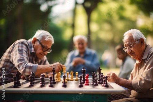 A group of elderly men playing a friendly game of chess in a sunlit park, elderly happy people, old age, bokeh Generative AI