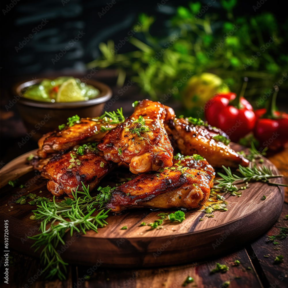 Chicken wings fresh from a grill served on a rustic wooden board created by Generative AI technology