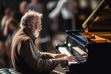 An elderly gentleman playing the piano with great passion and delight, surrounded by a captivated audience, elderly happy people, old age, bokeh Generative AI