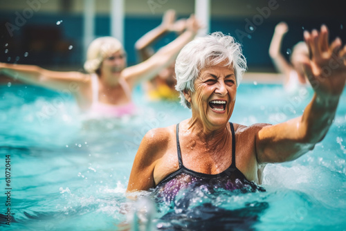 A group of elderly women having a fun and energetic water aerobics session in a pool, elderly happy people, old age, bokeh Generative AI © Катерина Євтехова
