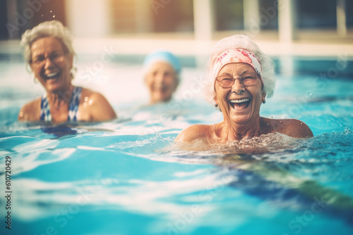 A group of elderly women having a fun and energetic water aerobics session in a pool, elderly happy people, old age, bokeh Generative AI © Катерина Євтехова