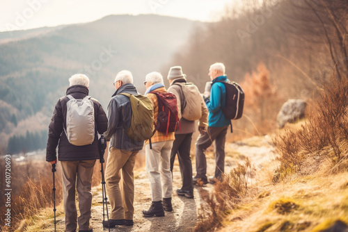 A group of seniors embarking on a scenic nature hike, admiring the breathtaking views and sharing stories along the way, elderly happy people, old age, bokeh Generative AI