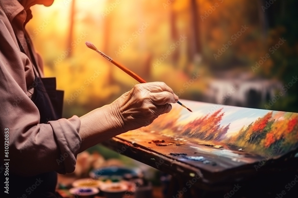 An elderly woman painting a beautiful landscape, her brush strokes reflecting her creativity and passion, elderly happy people, old age, bokeh Generative AI