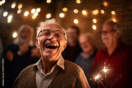 An older man teaching a group of seniors how to use technology, their faces lighting up with excitement as they discover new possibilities, elderly happy people, old age, bokeh Generative AI