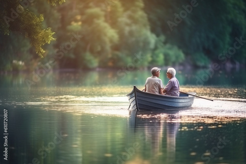 A senior couple enjoying a peaceful boat ride on a serene lake, basking in the tranquility of nature, elderly happy people, old age, bokeh Generative AI