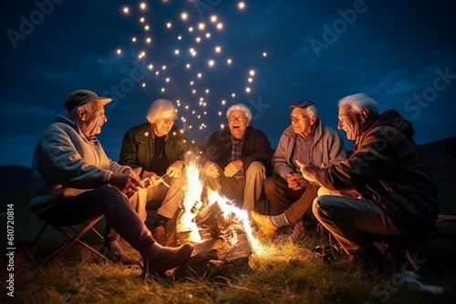 A group of elderly friends gathered around a bonfire, sharing stories and laughter under a starry night sky, elderly happy people, old age, bokeh Generative AI © Катерина Євтехова