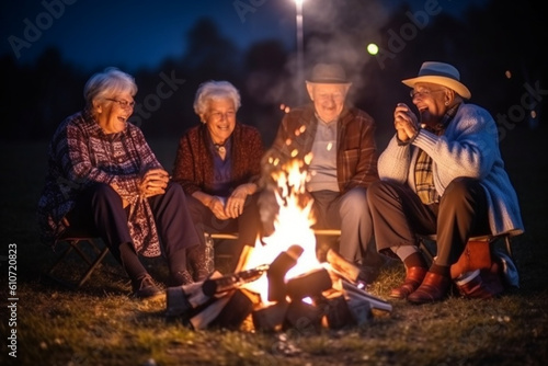 A group of elderly friends gathered around a bonfire, sharing stories and laughter under a starry night sky, elderly happy people, old age, bokeh Generative AI
