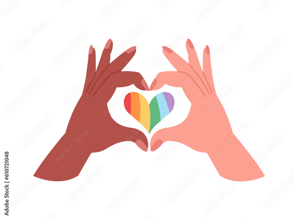 Obraz premium Hands showing LGBTQ heart. Love is love, Pride month, LGBTQ community. Vector illustration in flat style