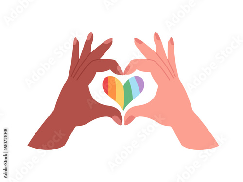 Hands showing LGBTQ heart. Love is love, Pride month, LGBTQ community. Vector illustration in flat style