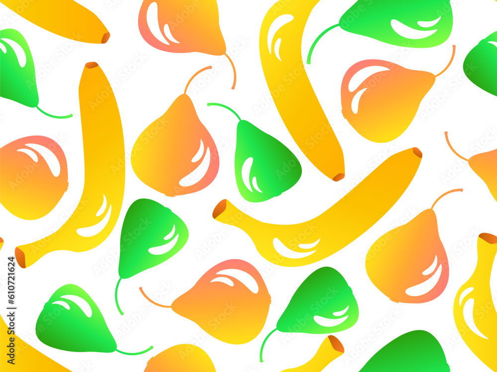 Obraz premium Seamless pattern with bananas and pears in 3d style. Summer fruit mix with pear and banana on white background. Design for printing on paper and fabric, banners and posters. Vector illustration