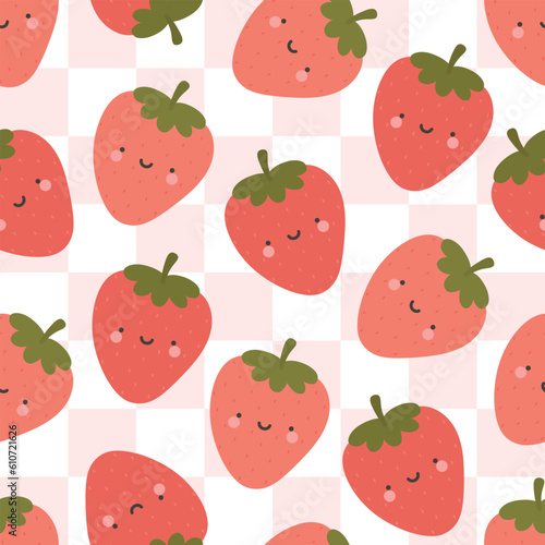 Cute strawberry fruit kawaii face seamless pattern, abstract repeated cartoon background, vector illustration