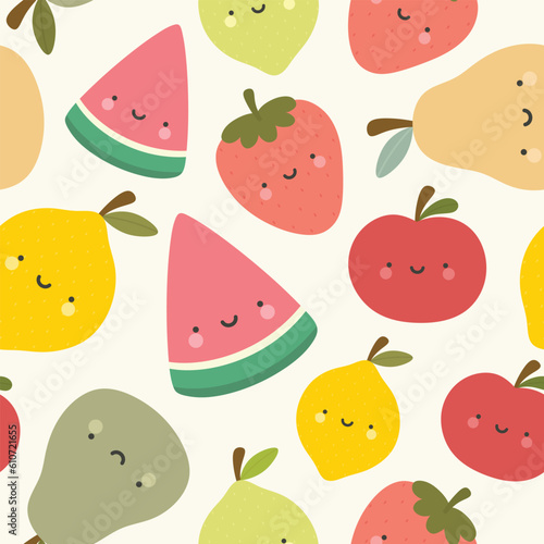 Cute watermelon, strawberry, lemon and pear fruit kawaii face seamless pattern, abstract repeated cartoon background, vector illustration