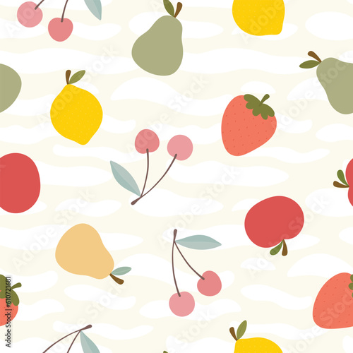 Cute watermelon, strawberry, lemon and pear fruit kawaii face seamless pattern, abstract repeated cartoon background, vector illustration