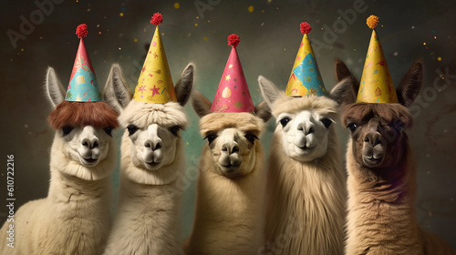 a group of llamas with party hats. Generative AI