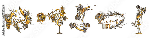 Wine Designs. Collection of wine glasses and bottles. Hand drawn elements for invitation cards, advertising banners and menus. Wine glasses with splashing wine. Sketch vector illustration.