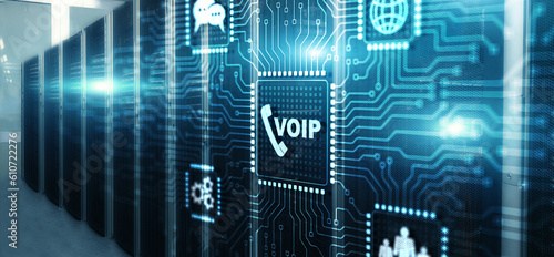 Voip IP Telephony cloud pbx concept. Voip services and networking background photo