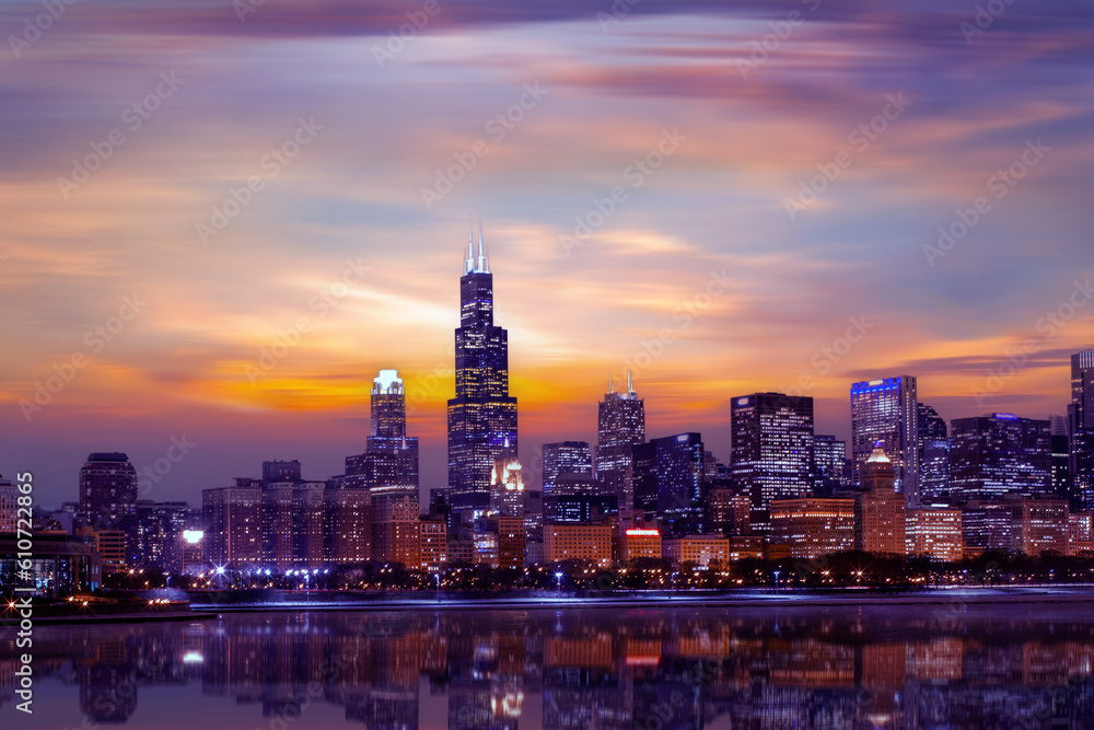 Chicago, Illinois,  downtown skyline from Lake Michigan at dusk. USA