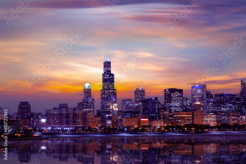 Chicago  Illinois   downtown skyline from Lake Michigan at dusk. USA