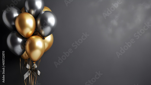 gold balloons bunch on a dark wall background Generative Ai