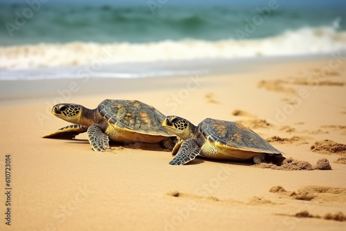 Small Hawksbill Turtle at beach. Generative AI illustration