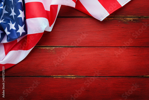 4th of July American Independence Day. American flag on red old rustic wooden background with copy space. Close Up for Memorial Day, Happy Martin Luther King jr day. Top view. Copy space. Mock up. photo