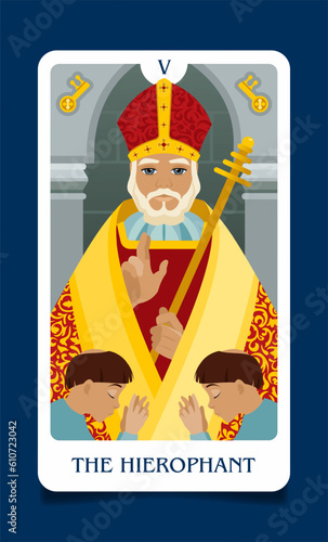 The card of the senior arcana is a The Hierophant. Occult esoteric spiritual Tarot. Numerology and fortune telling. Design flat vector illustrations