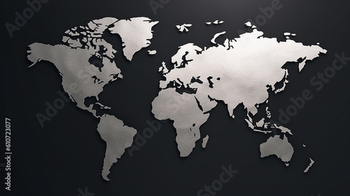 3d flat world map Silver on black background Generative Ai