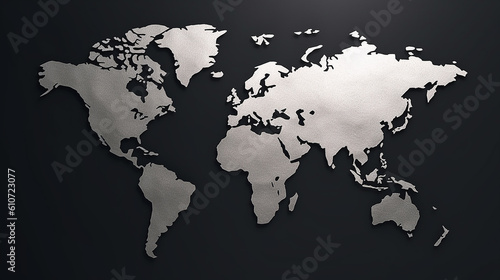 Fototapeta Naklejka Na Ścianę i Meble -  3d flat world map Silver on black background Generative Ai