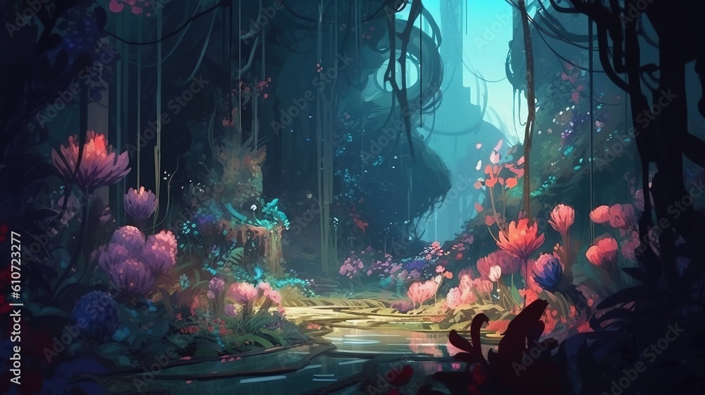 A magical garden with colorful flowers. Fantasy concept , Illustration painting. Generative AI