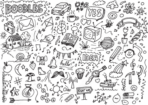 Hand drawn different doodles, vector illustration on white paper 