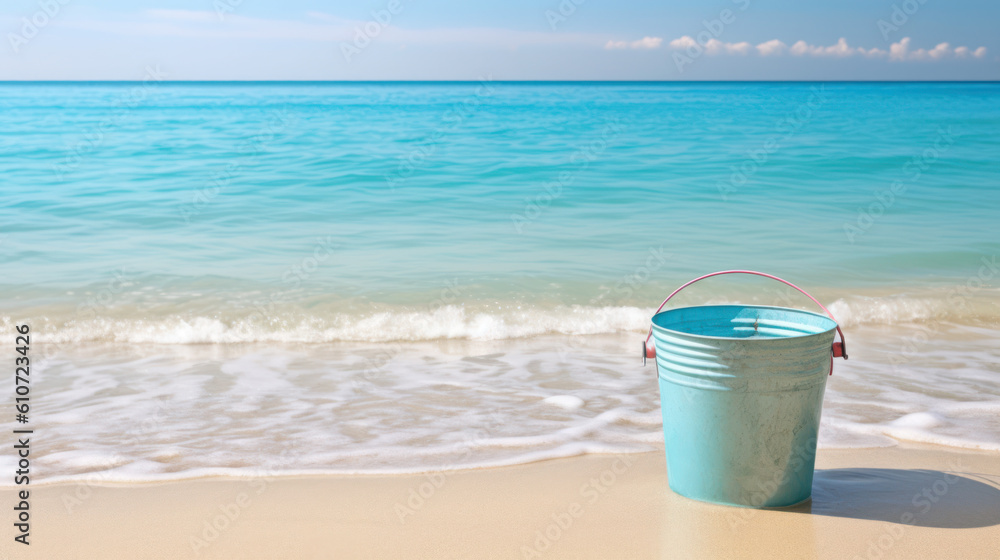 bucket of water on infinite beach sea. generative ai bucket of water on infinite beach sea. generative ai