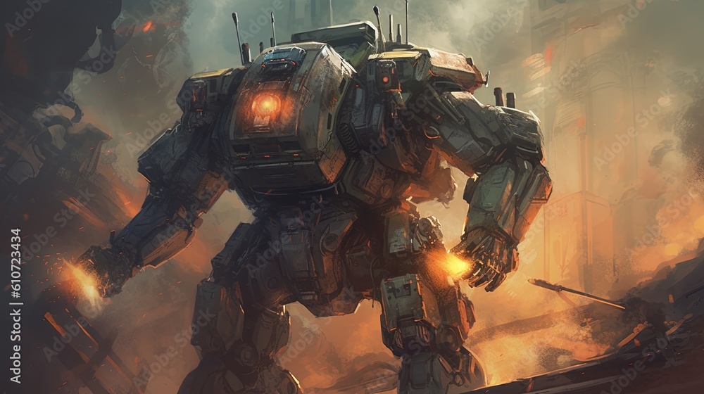 A mech warrior with rocket boosters. Fantasy concept , Illustration painting. Generative AI A mech warrior with rocket boosters. Fantasy concept , Illustration painting. Generative AI