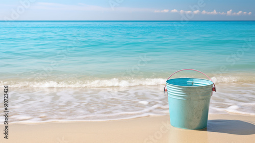 bucket of water on infinite beach sea. generative ai photo