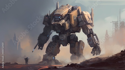 A mech warrior with rocket boosters. Fantasy concept , Illustration painting. Generative AI