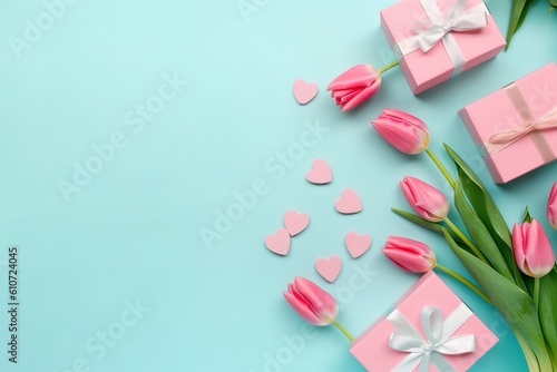 Pink Geschenkboxen mit Tulpenmotiven und Bändern auf blauem Hintergrund: Minimalistischer Stil, grün und aquamarin, romantische und fesselnde Motive © KüstenPixel