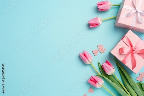 Pink Geschenkboxen mit Tulpenmotiven und Bändern auf blauem Hintergrund: Minimalistischer Stil, grün und aquamarin, romantische und fesselnde Motive