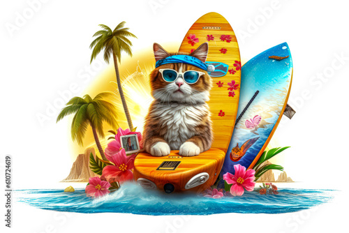 A fluffy cat dressed as a surfer with a colorful surfboard prop, capturing the beach vibes. © Suplim