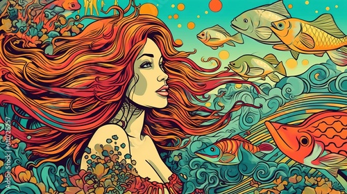 A mermaid swimming in the ocean with fish. Fantasy concept   Illustration painting. Generative AI