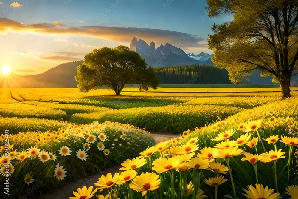 Obraz premium A garden with blooming yellow daisies creates a cheerful and sunny ambiance