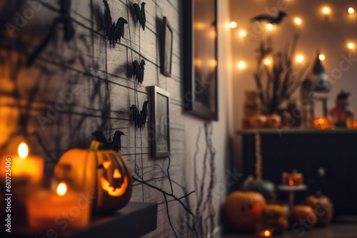 Halloween decoration in house living room interior